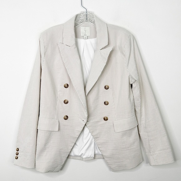 Joie Jackets & Blazers - JOIE | White and Tan Thin Pinstripe Double Breasted Blazer Jacket Sz. Large